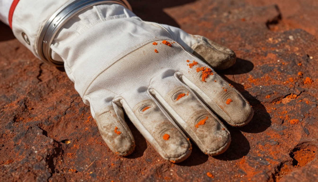 Extreme macro close-up of a spacesuit glove resting on rust-red Martian rock with fine dust particles in the surface weave Extreme macro close-up of a spacesuit glove resting on rust-red Martian rock with fine dust particles in the surface weave
