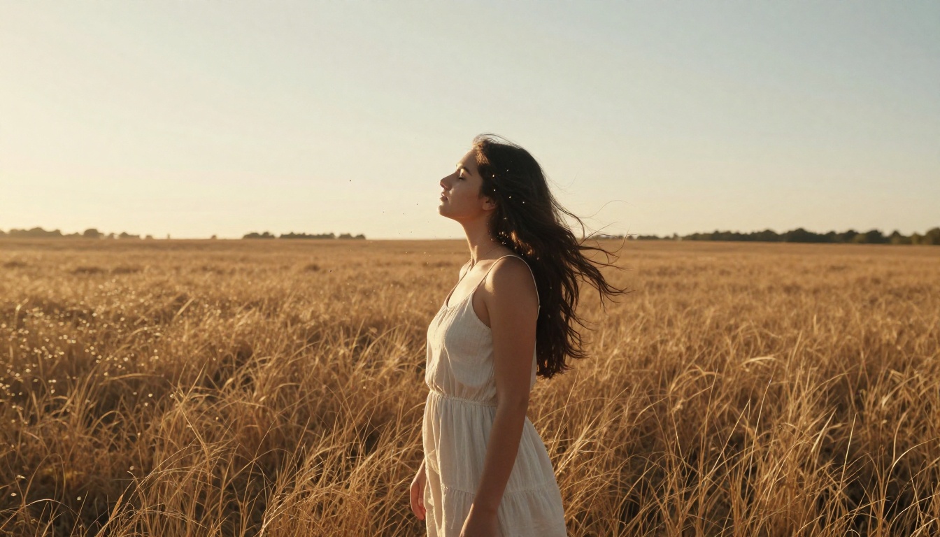 Woman standing in a golden field surrounded by natural pollen particles