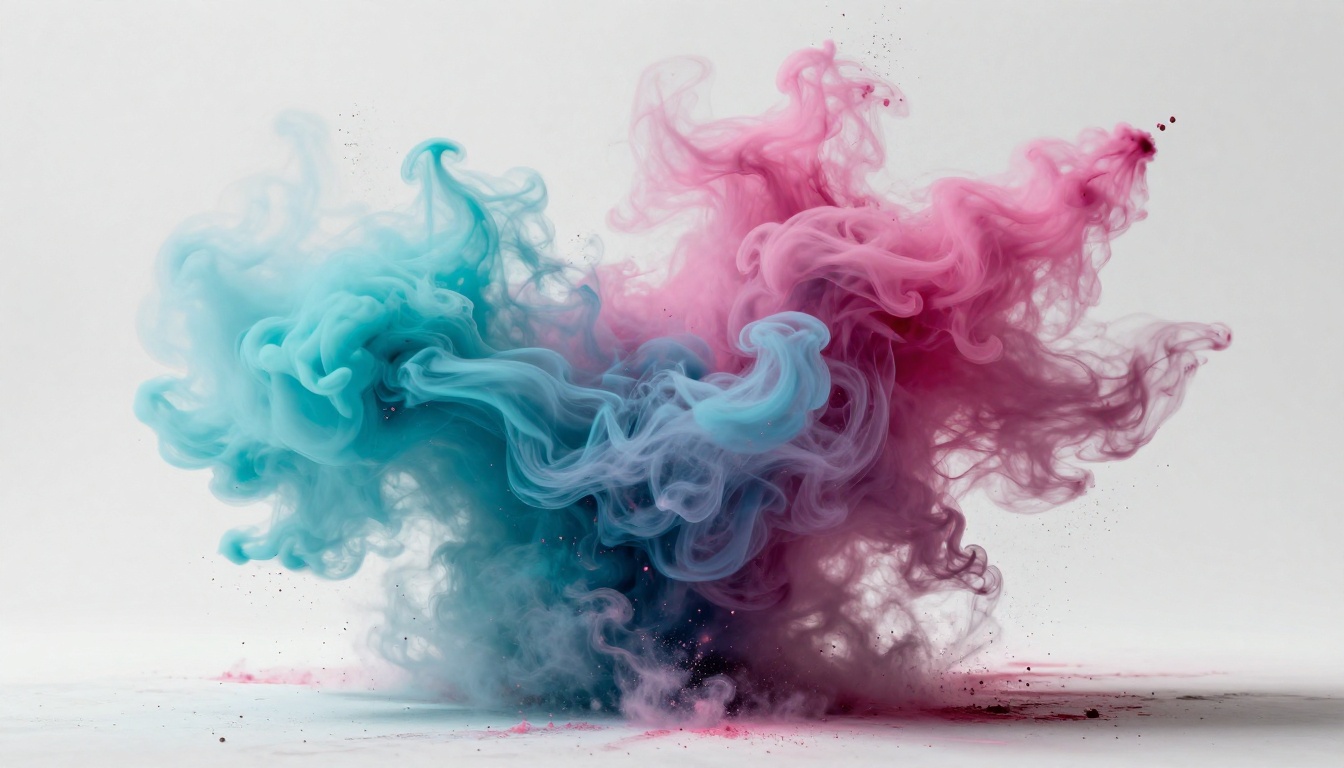 Cyan and magenta colored smoke clouds colliding in a studio setting