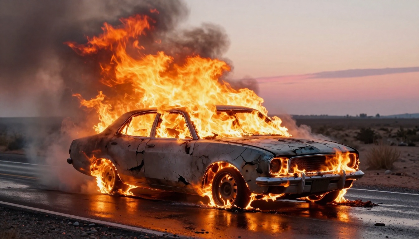 Burning vintage car fully engulfed on a desert highway at dawn