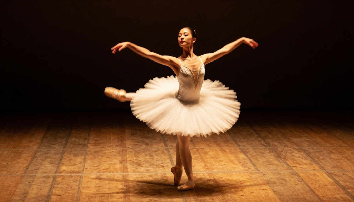 A ballet dancer mid-pirouette with sweeping circular motion blur and a single dramatic stage spotlight