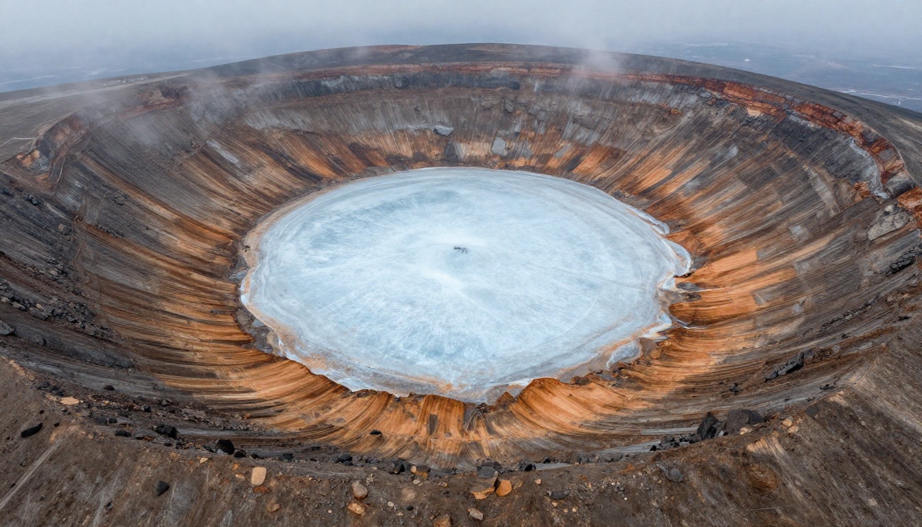 Aerial photograph looking straight down into an enormous ancient impact crater with a frozen ice deposit at the center Aerial photograph looking straight down into an enormous ancient impact crater with a frozen ice deposit at the center