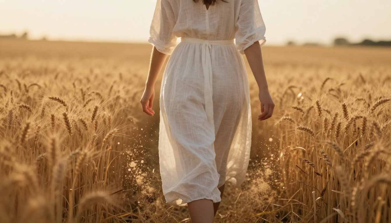 Woman in white dress walking through a wheat field with particles erupting around her