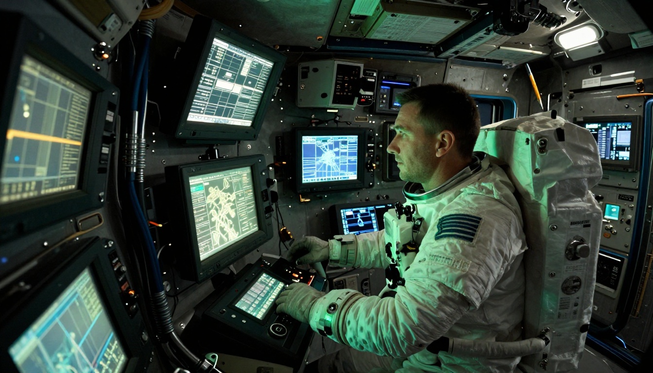 Cramped space station command module interior with blue-green monitor light illuminating an astronaut at the controls Cramped space station command module interior with blue-green monitor light illuminating an astronaut at the controls