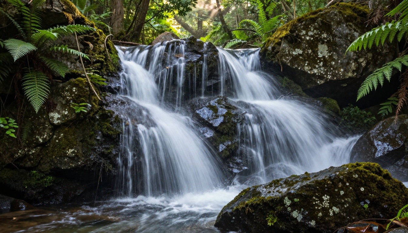 A silky waterfall cascading over mossy granite boulders with smooth long-exposure motion blur in a forest