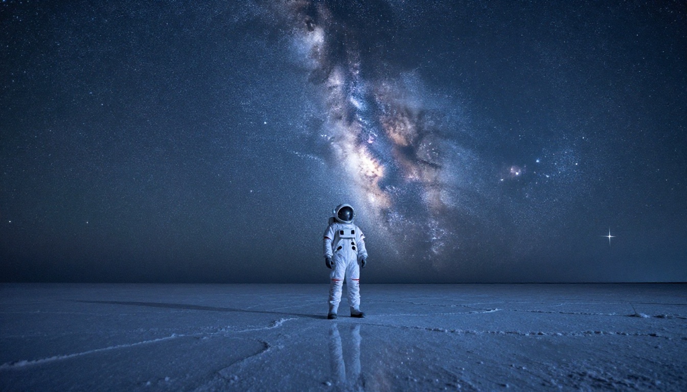 Lone astronaut on white salt flats with the Milky Way reflecting perfectly in the surface below, suspended between two star fields Lone astronaut on white salt flats with the Milky Way reflecting perfectly in the surface below, suspended between two star fields