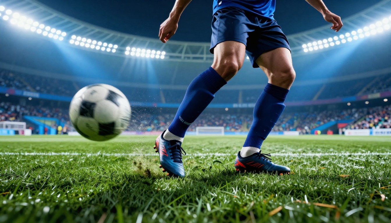 A soccer player striking a volley with sharp leg muscles and intense motion blur on the ball and swing