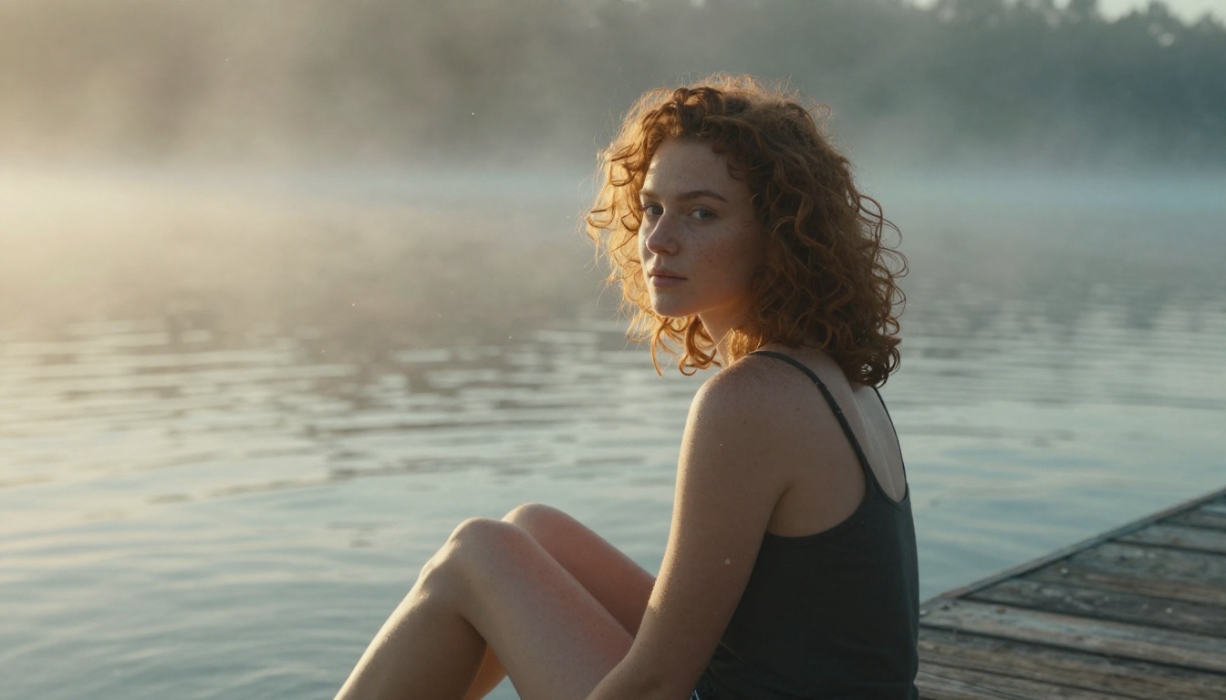 Young woman with curly hair sitting on a dock surrounded by morning mist particles