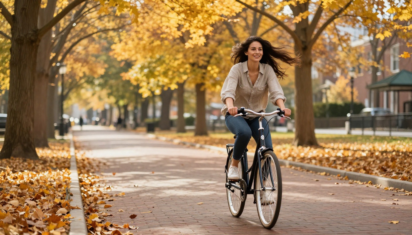 A woman riding a bicycle through a sunlit autumn park with flowing hair and warm linear motion blur