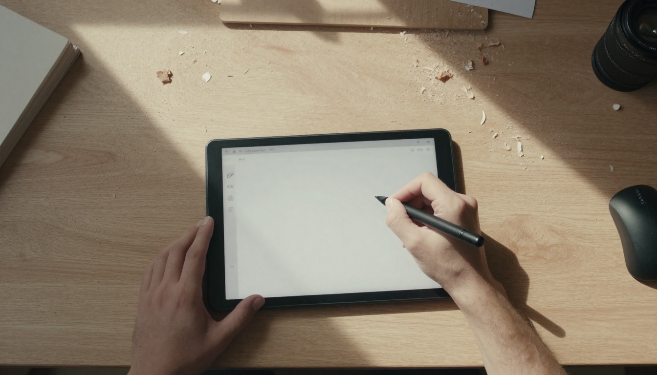 Designer at a workspace with fine paper dust particles caught in natural skylight