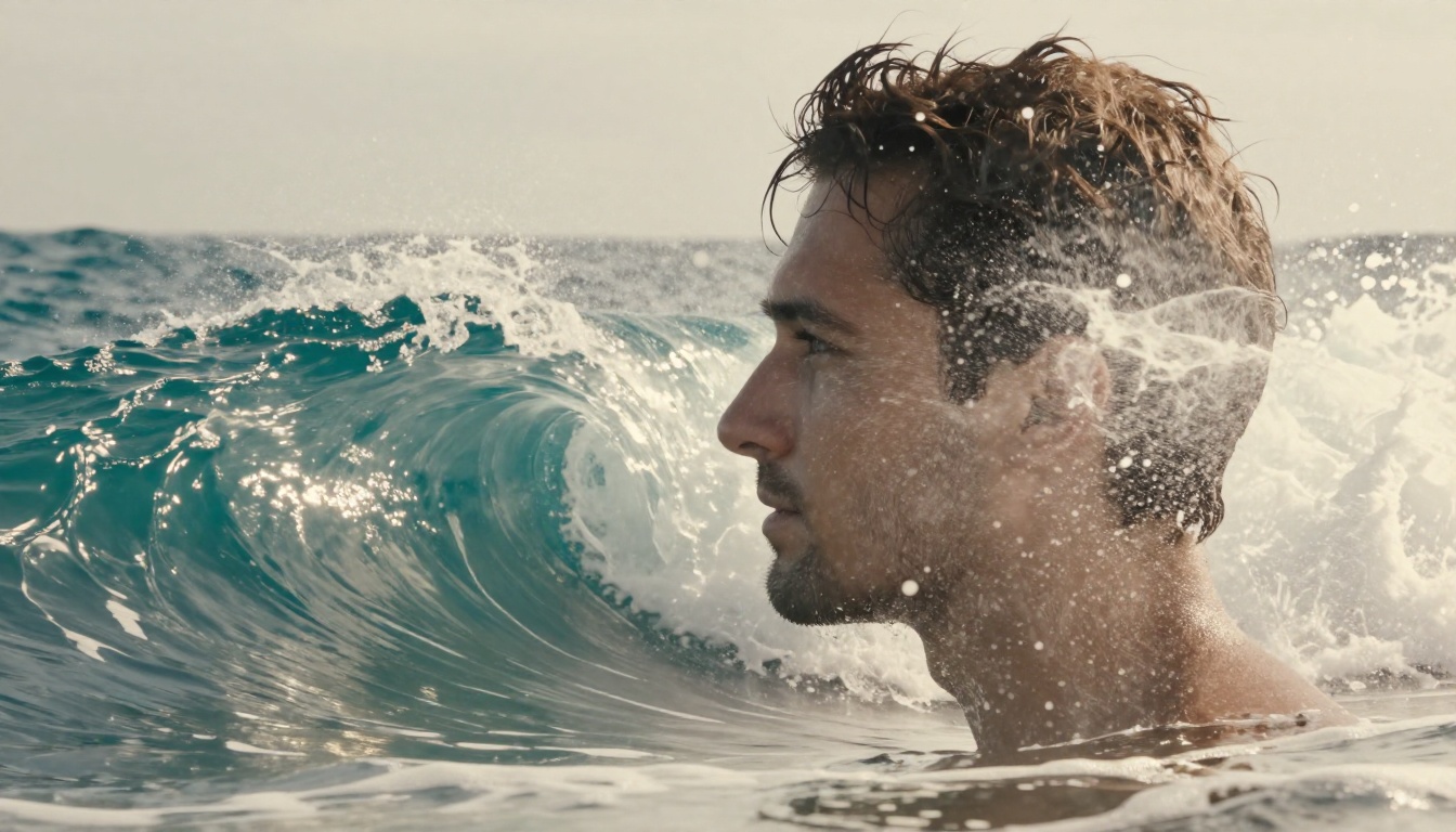Double exposure portrait of a man's face merged with crashing ocean waves