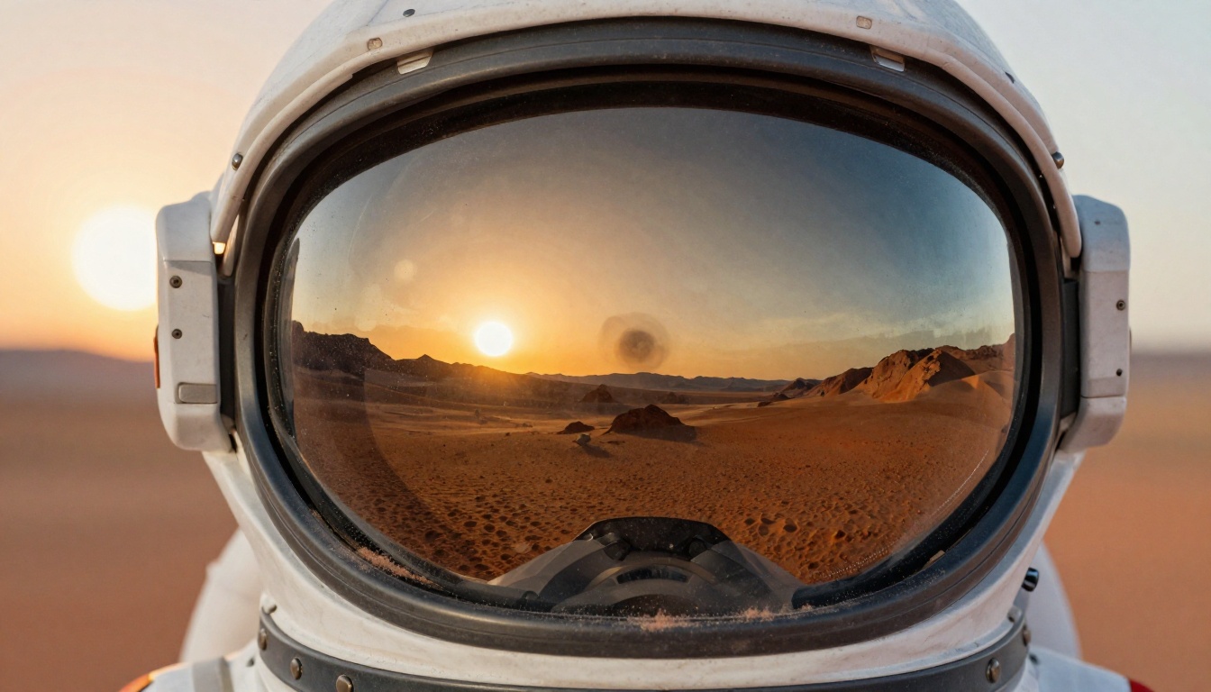Close-up of astronaut helmet visor reflecting a wide panoramic alien landscape with twin suns at the horizon Close-up of astronaut helmet visor reflecting a wide panoramic alien landscape with twin suns at the horizon