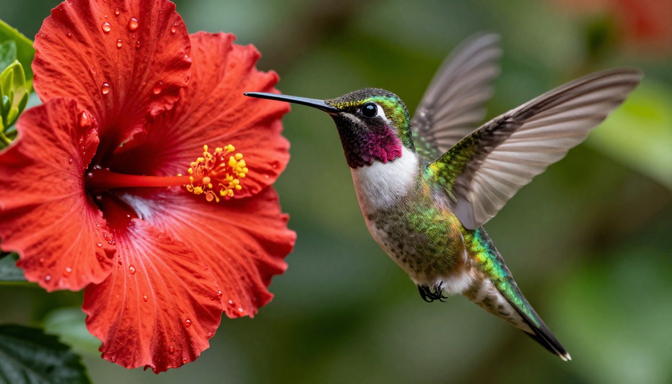 A hummingbird hovering beside a bright red hibiscus with translucent fan-shaped wing motion blur in sharp macro detail