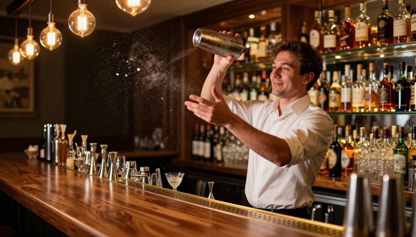 A bartender tossing a cocktail shaker with a dramatic vertical arc of motion blur in warm Edison bulb bar lighting
