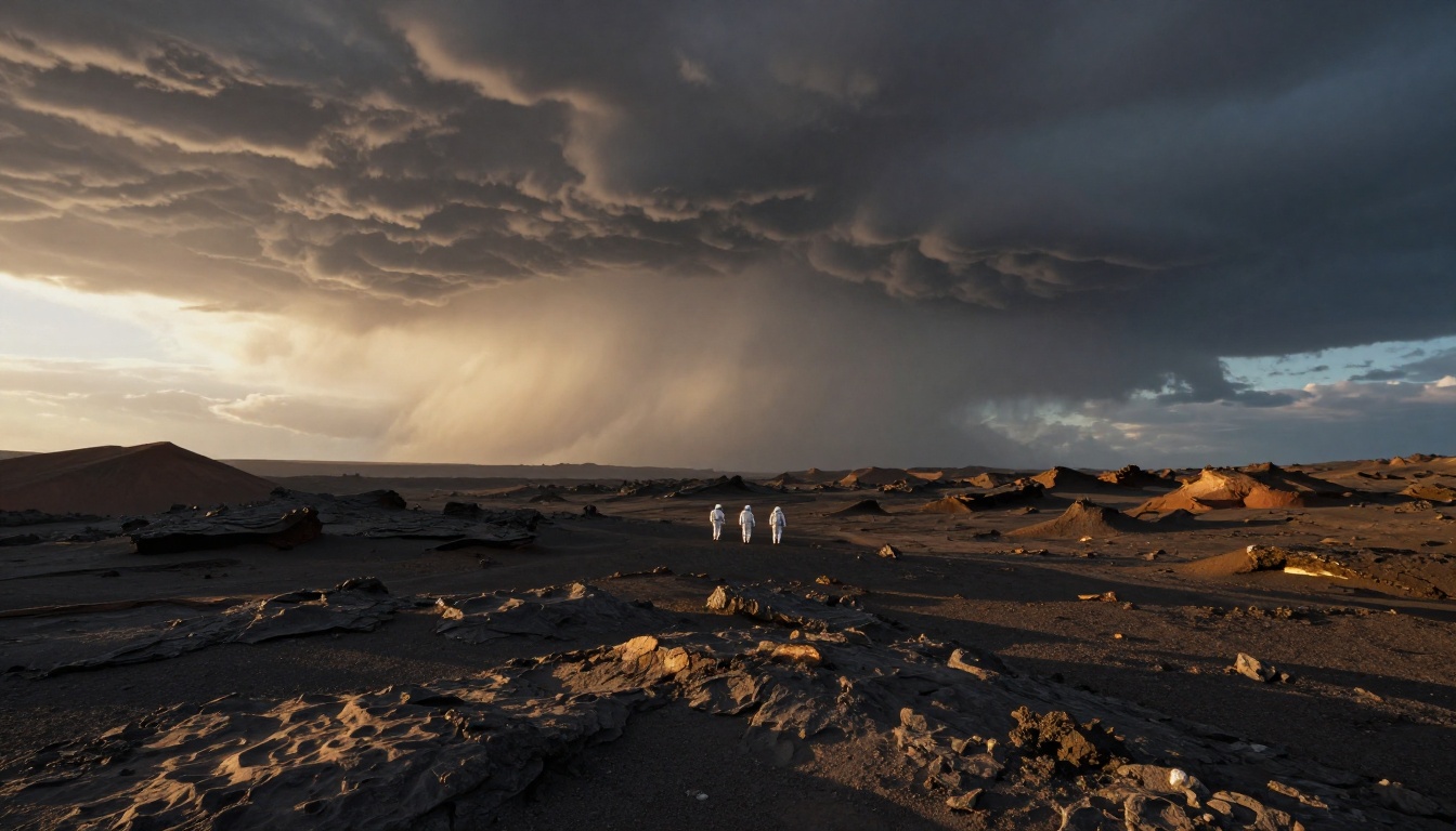 Three astronauts in spacesuits crossing vast rocky alien basalt terrain with a massive storm wall approaching from the horizon Three astronauts in spacesuits crossing vast rocky alien basalt terrain with a massive storm wall approaching from the horizon