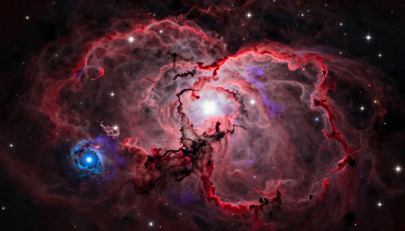 Scientific deep space telescope photograph of an emission nebula with crimson gas clouds and star clusters Scientific deep space telescope photograph of an emission nebula with crimson gas clouds and star clusters