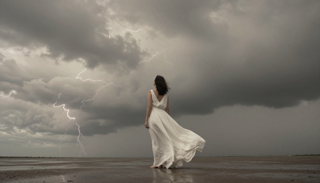 Woman in white dress blending into storm clouds overhead
