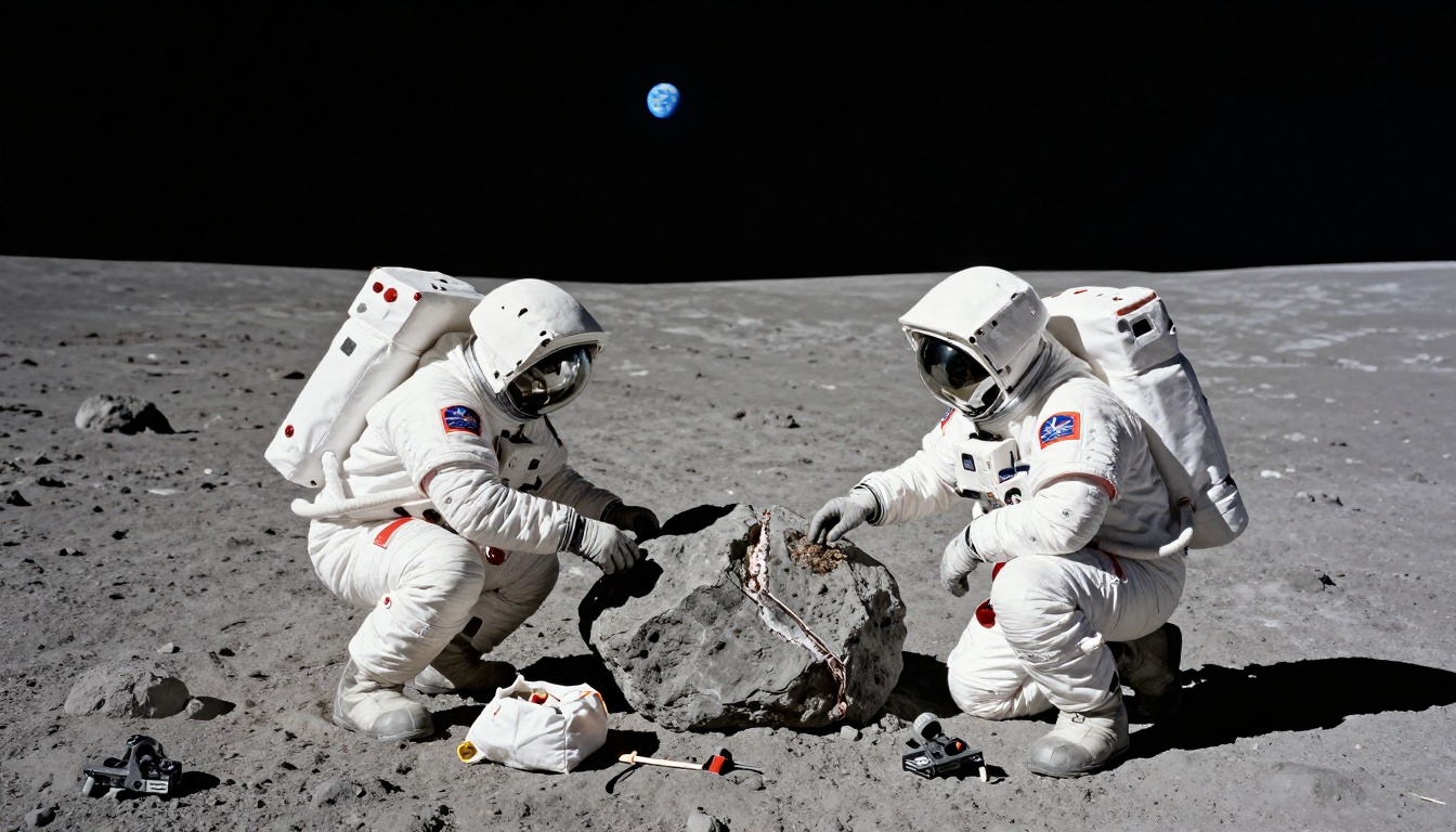 Two astronauts in pressure suits crouching on a grey lunar surface examining a split boulder with Earth visible in the black sky above Two astronauts in pressure suits crouching on a grey lunar surface examining a split boulder with Earth visible in the black sky above