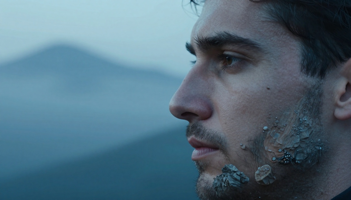 Man's face partially merged with a topographic mountain range in cold morning light