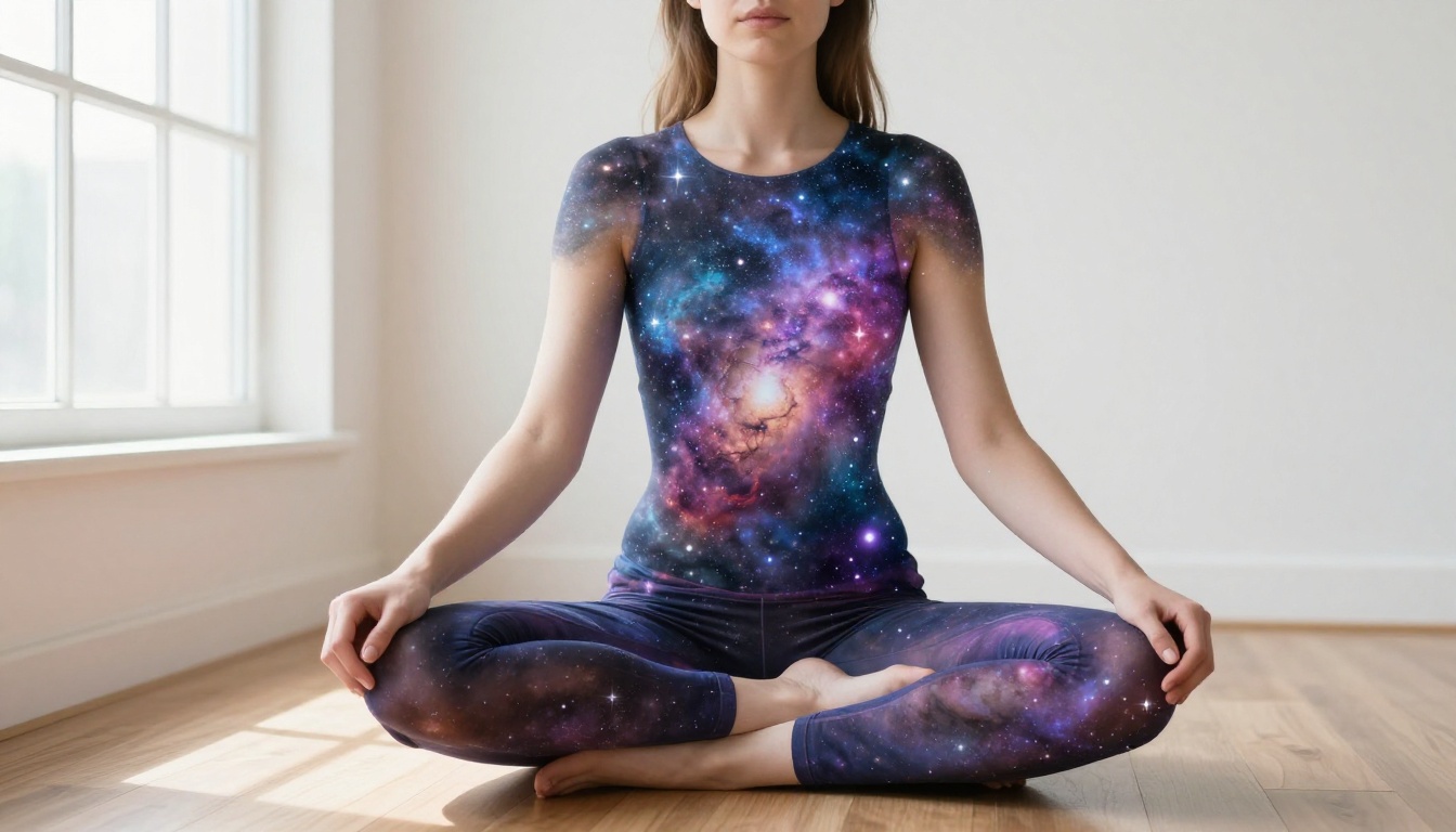 Woman sitting cross-legged with galaxy and Milky Way filling her torso and arms