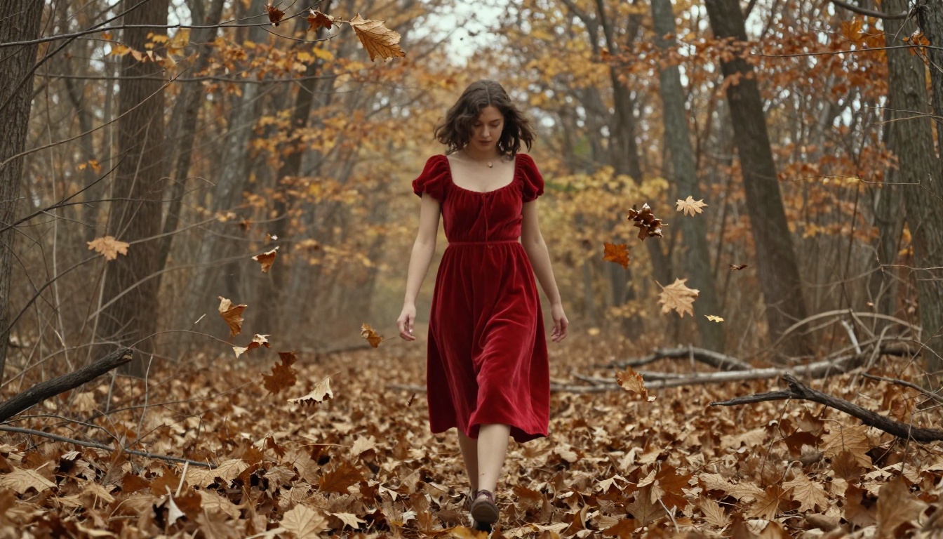 Attractive woman in a red dress in an autumn forest with leaves swirling around her Attractive woman in a red dress in an autumn forest with leaves swirling around her