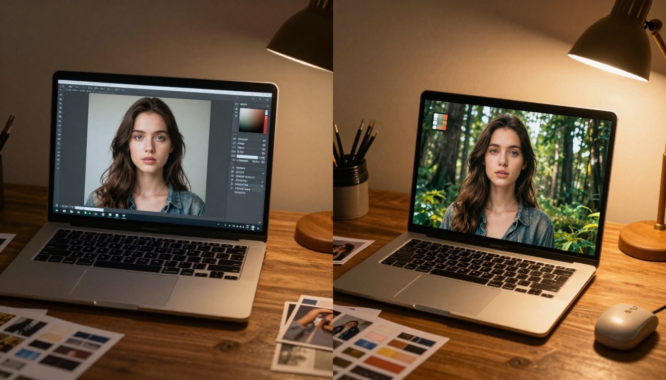 AI workflow on wooden desk showing double exposure composition on laptop screen