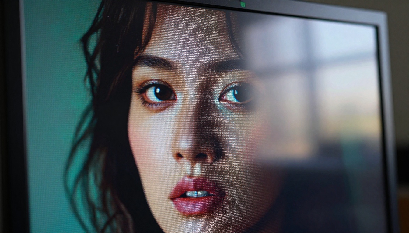 Extreme macro close-up of a high-resolution monitor displaying chromatic aberration and RGB channel separation on the screen surface
