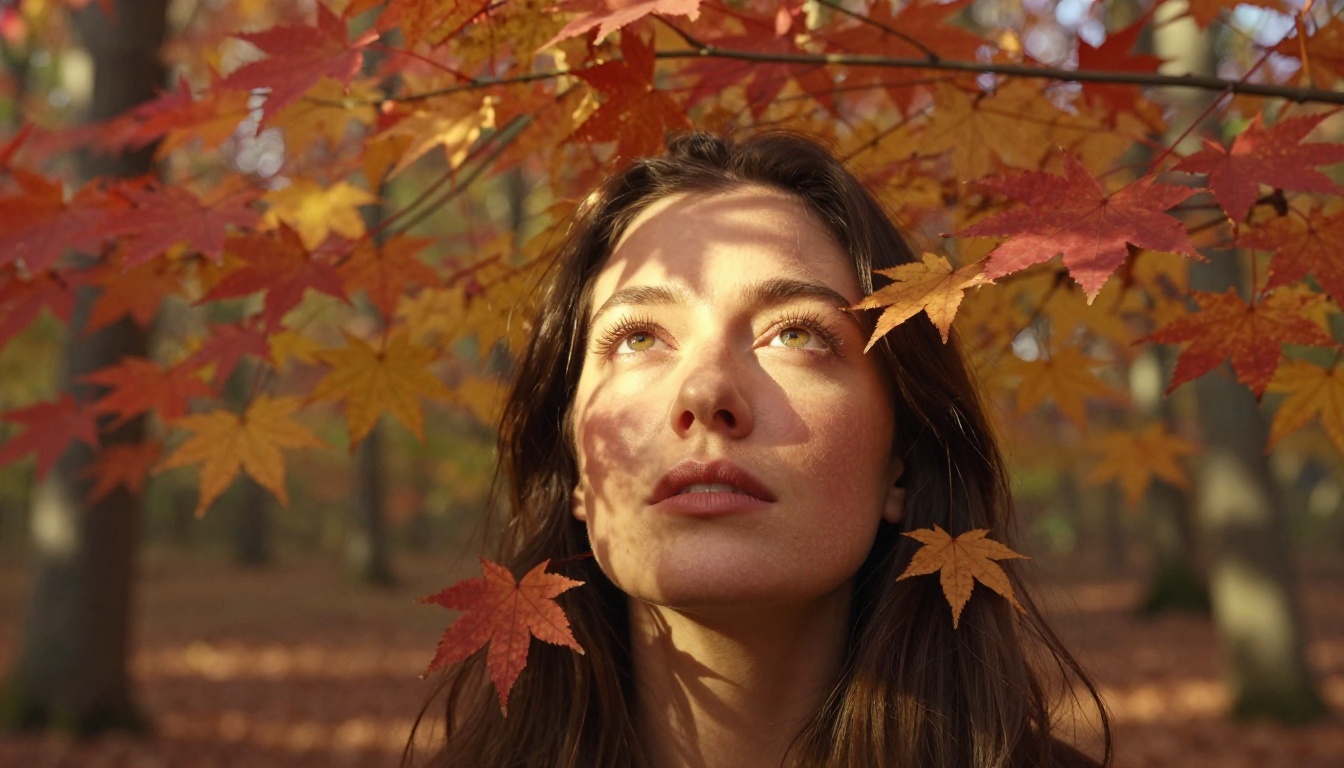 Woman looking upward with autumn forest canopy blending into her face