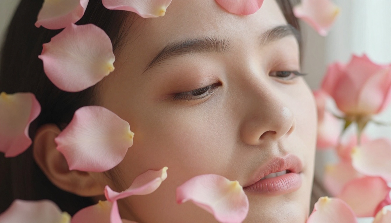 Woman with rose petals swirling around her face and shoulders Woman with rose petals swirling around her face and shoulders