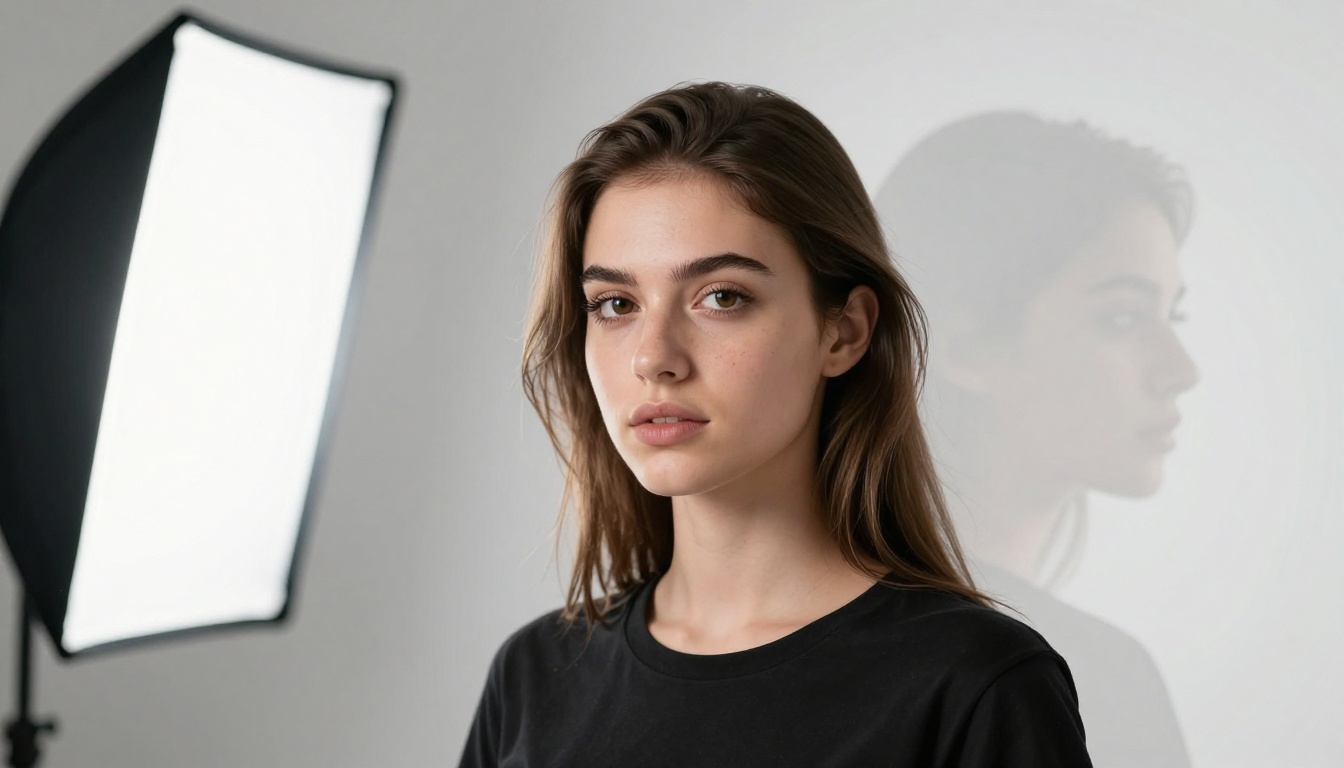 A young woman portrait with a faint ghost reflection barely visible in the window glass behind her, suggesting a double exposure effect