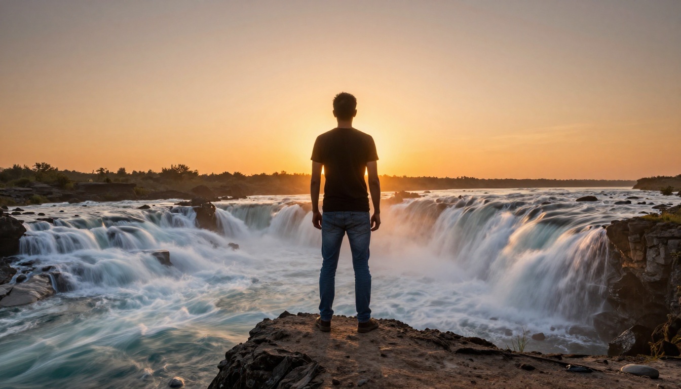 Man standing at cliff edge with river footage filling his silhouette at sunset