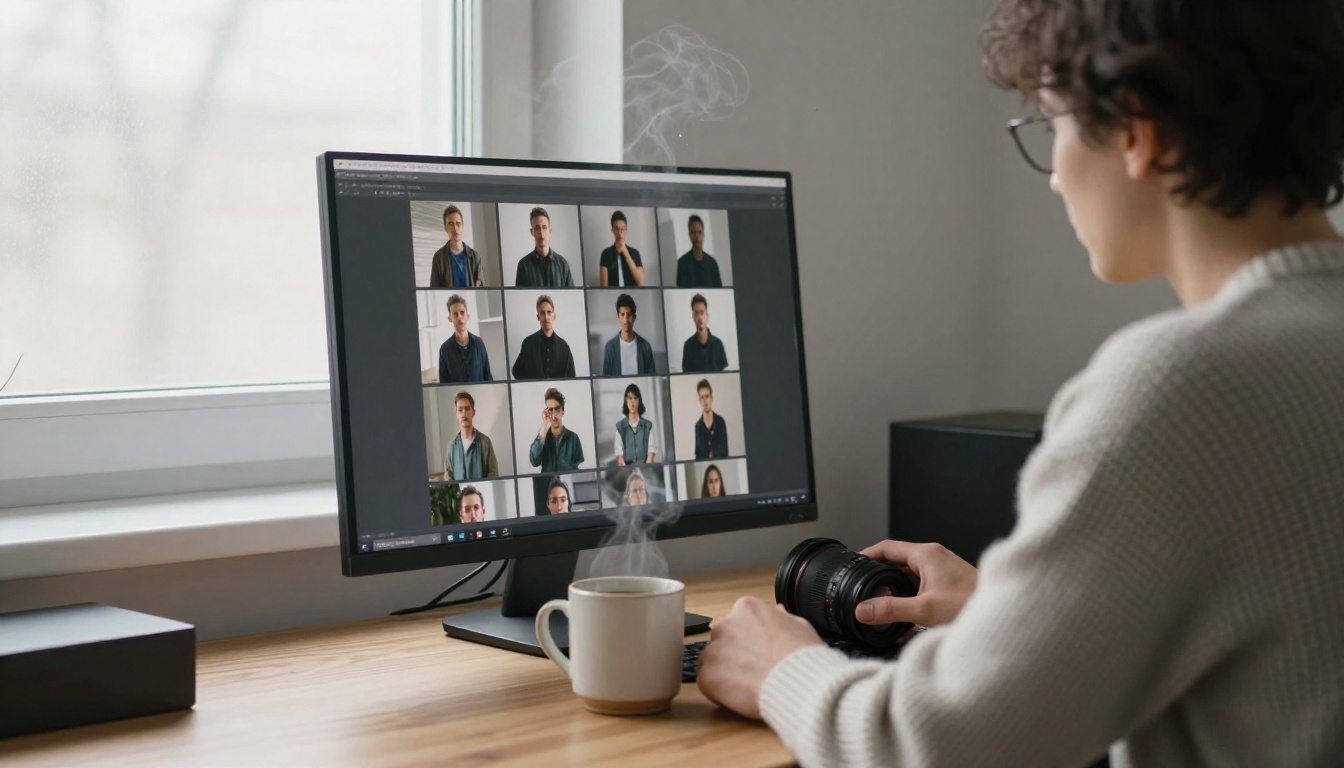 Content creator at a minimal desk reviewing particle images with coffee steam rising in morning light Content creator at a minimal desk reviewing particle images with coffee steam rising in morning light