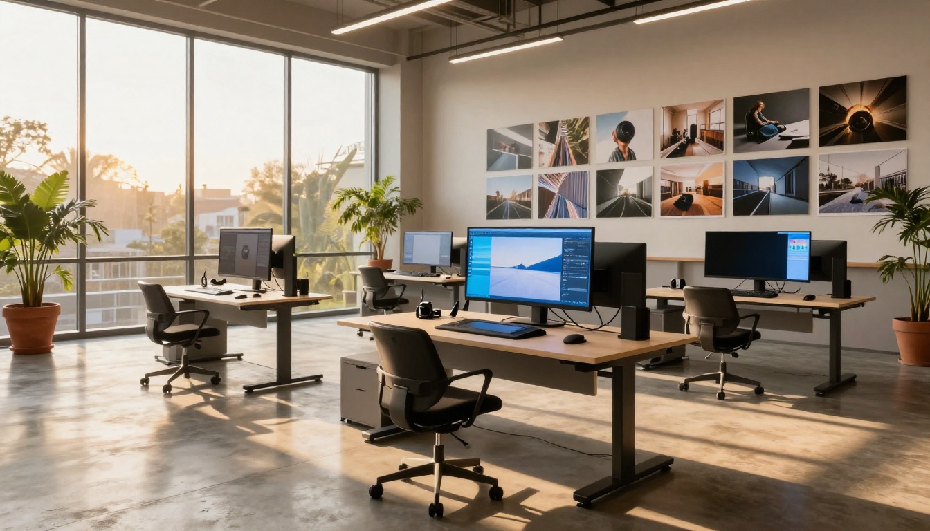 A wide shot of a modern digital art production studio interior with large monitors and afternoon golden hour light flooding through floor-to-ceiling windows A wide shot of a modern digital art production studio interior with large monitors and afternoon golden hour light flooding through floor-to-ceiling windows