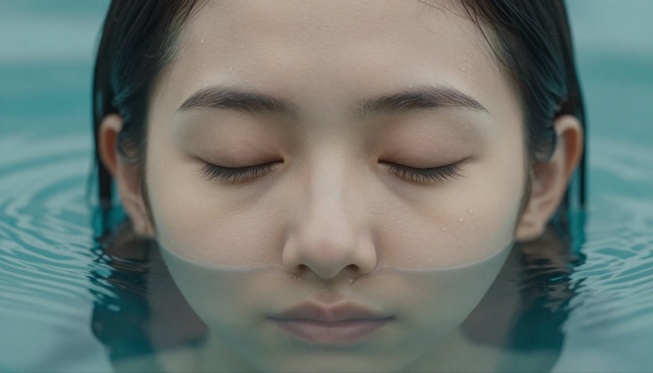 Woman's face with eyes closed merging into the calm surface of teal water