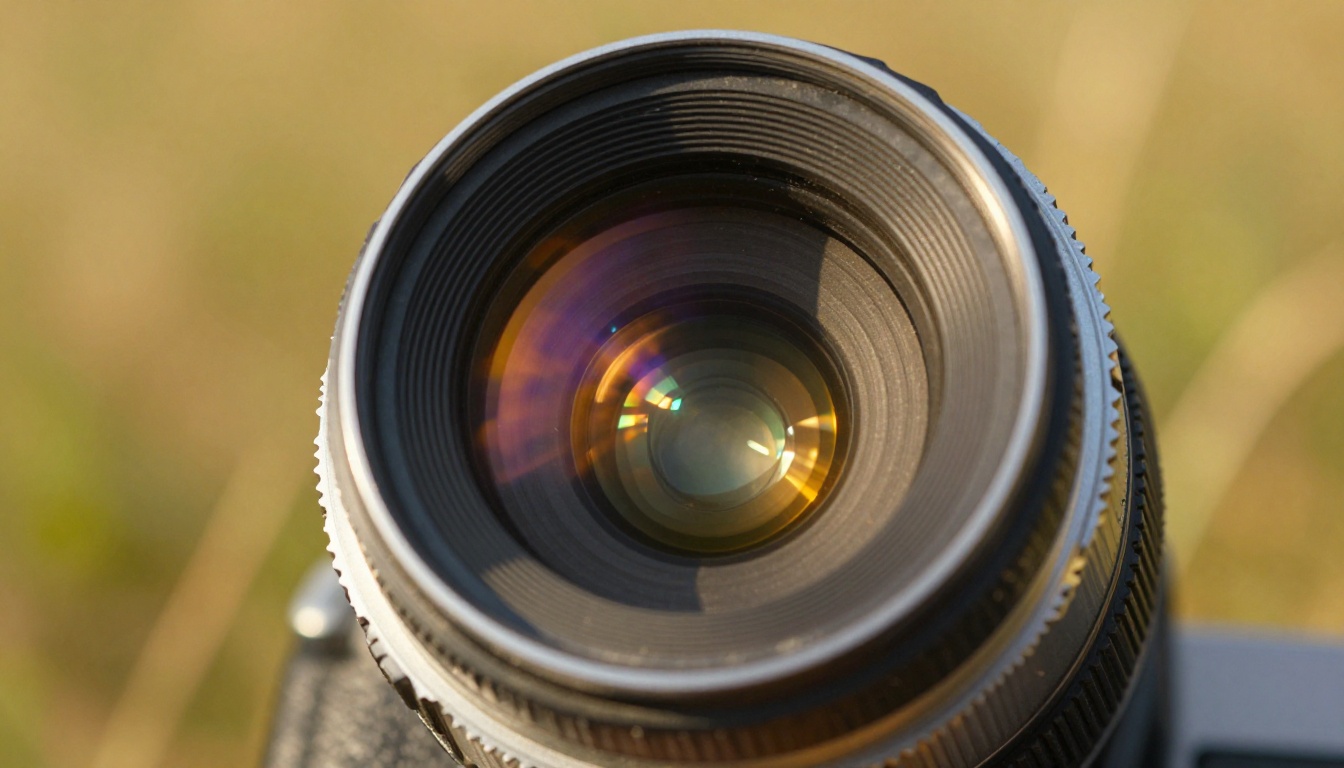 Close-up of a camera lens producing a starburst flare in natural sunlight