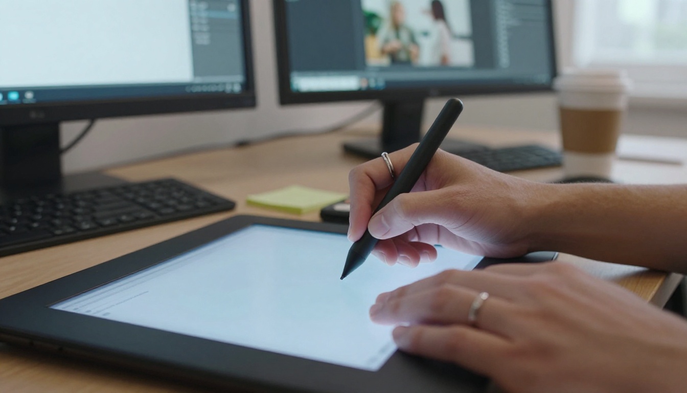 A graphic designer's hands working on a drawing tablet with reference screens visible in the background