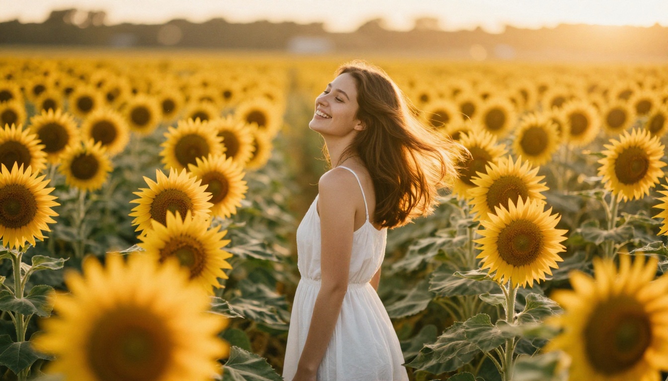 Woman in a sunflower field with organic film light leaks in warm rose-gold tones