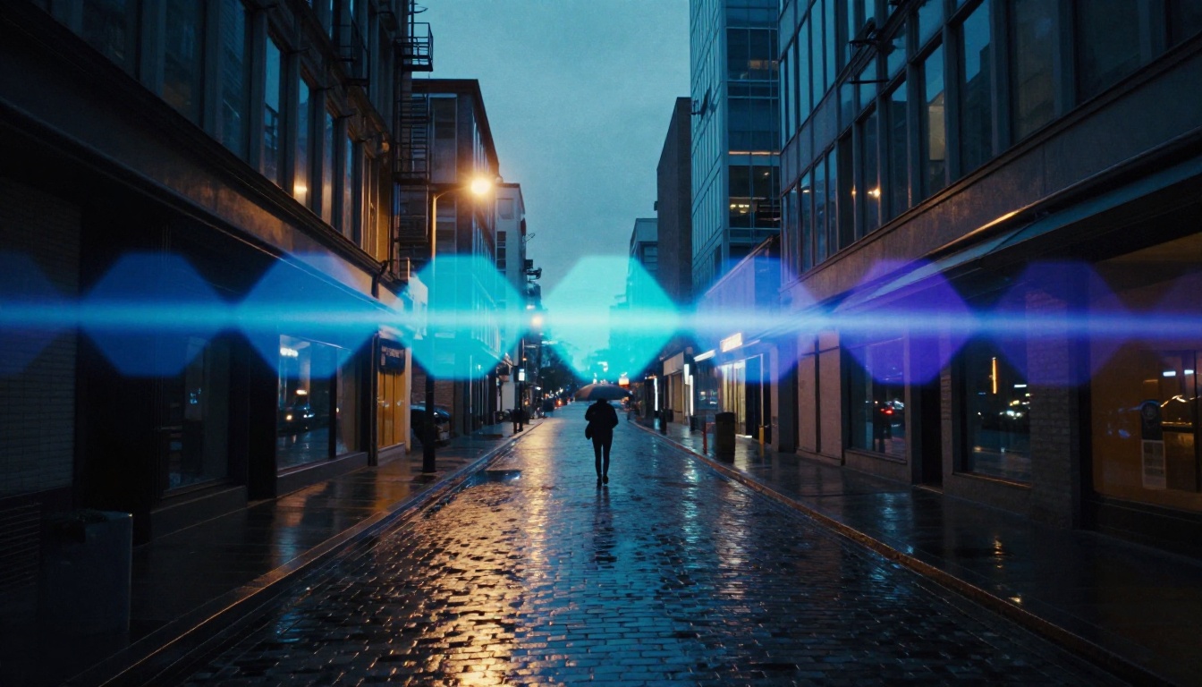 Cinematic urban alley at dusk with a powerful horizontal anamorphic blue lens flare