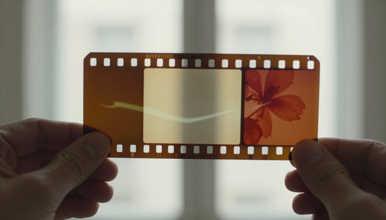 Hands holding 35mm film negatives showing light leaks against a bright window