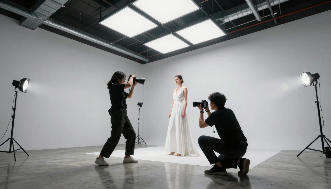 A fashion photographer shooting in a large white studio with strobes firing, captured from a low floor-level angle A fashion photographer shooting in a large white studio with strobes firing, captured from a low floor-level angle