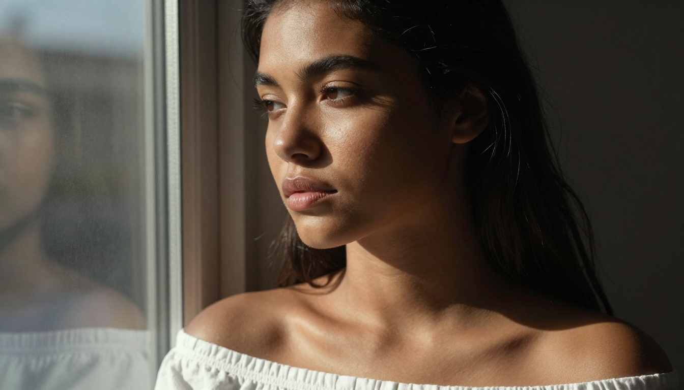 Close-up portrait of a young woman with bronze skin in split window lighting, a faint ghost reflection visible in the glass behind her