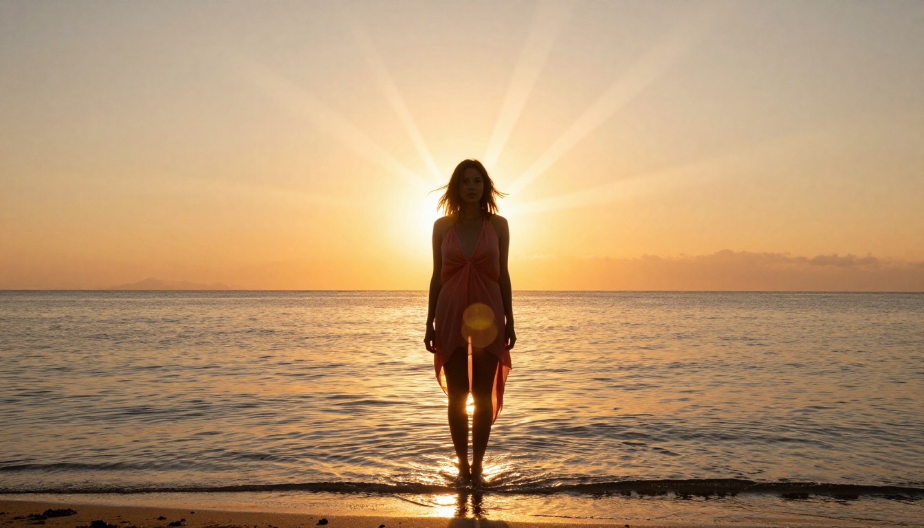 Young woman at a tropical beach at sunset with a seven-point sun flare and shimmering water reflections