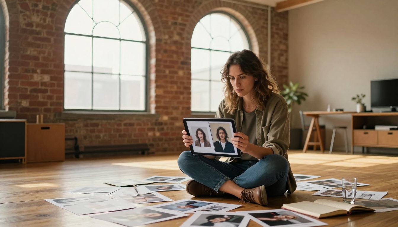 A creative editor sitting cross-legged on a loft floor surrounded by reference photographs while reviewing work on a tablet A creative editor sitting cross-legged on a loft floor surrounded by reference photographs while reviewing work on a tablet