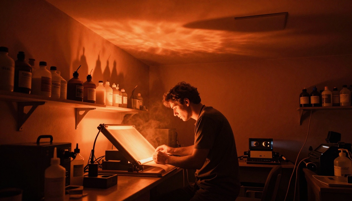 Photographer working under dramatic orange safelight in a vintage darkroom with warm light leaks across the walls
