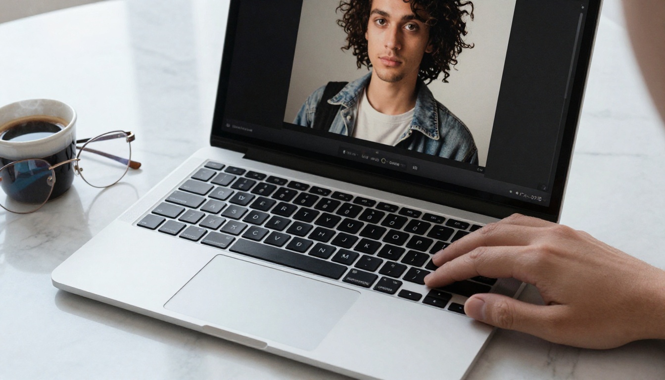 A close-up of a laptop keyboard with designer glasses reflecting the editing screen beside it on a marble surface A close-up of a laptop keyboard with designer glasses reflecting the editing screen beside it on a marble surface
