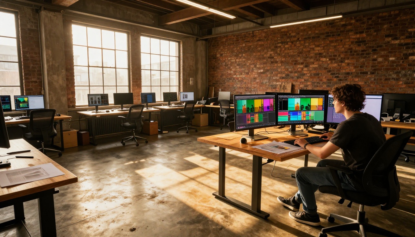 Graphic designer working in sunlit loft studio