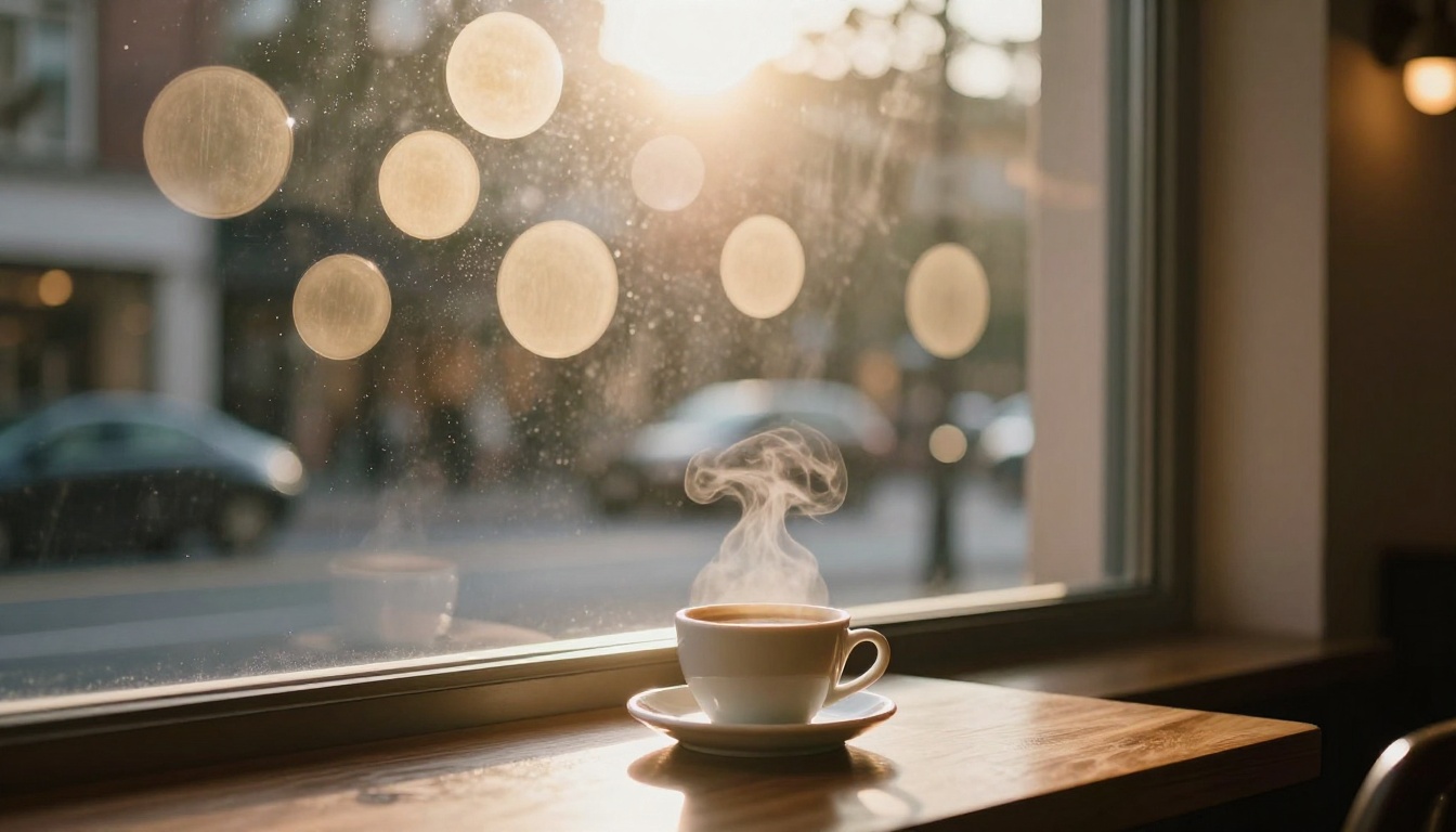 Cozy morning coffee shop interior with soft circular lens flares scattered across a large window