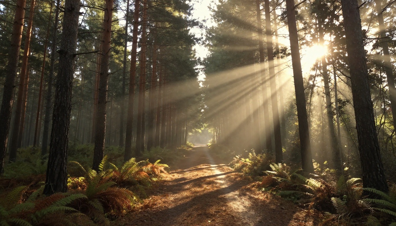 Aerial shot of a forest path with volumetric god rays and floating pollen particles in early morning light
