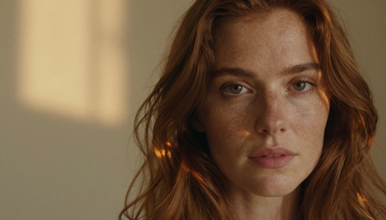 Close-up portrait of a woman with wavy auburn hair and a warm AI-generated light leak bloom across her shoulder