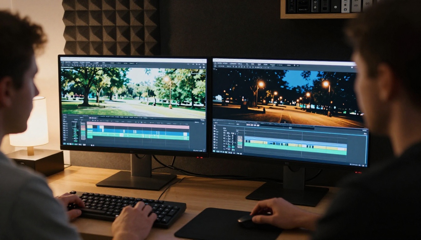 Video editor comparing day-to-night footage on dual monitors Video editor comparing day-to-night footage on dual monitors